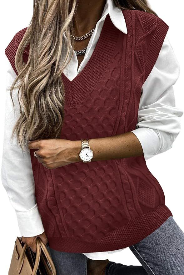 NENONA Women's V Neck Cable Knit Cropped Sweater Vest Preppy Style Oversized Sleeveless Argyle Kn... | Amazon (US)