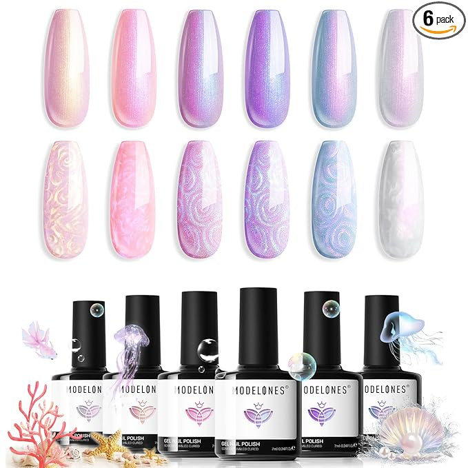 Modelones Gel Nail Polish, 6 Colors 2026 Spring Pastel Shimmer Pearl White Pink Purple Mermaid Na... | Amazon (US)
