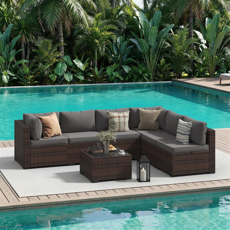 Dateyes 7-Piece Outdoor Patio Sectional Sofa Set, All-Weather Wicker Rattan Furniture with Coffee... | Walmart (US)