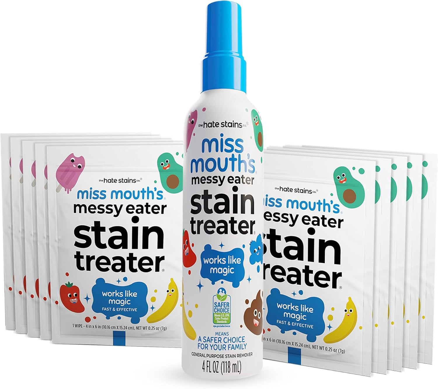Miss Mouth's Messy Eater Stain Treater Spray - 4oz & 10 Wipes Stain Remover - Newborn & Baby Essentials - No Dry Cleaning Food, Grease, Coffee Off Laundry, Underwear, Fabric | Amazon (US)