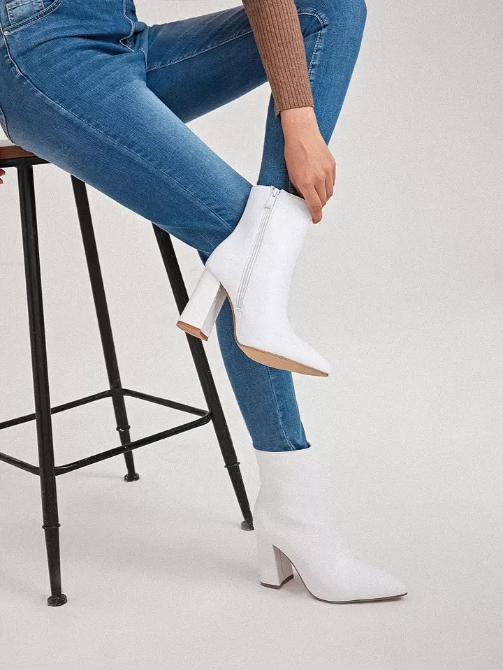 SHEIN Women White Side Zip Point Toe Classic Boots, Elegant Chunky Heeled Boots | SHEIN