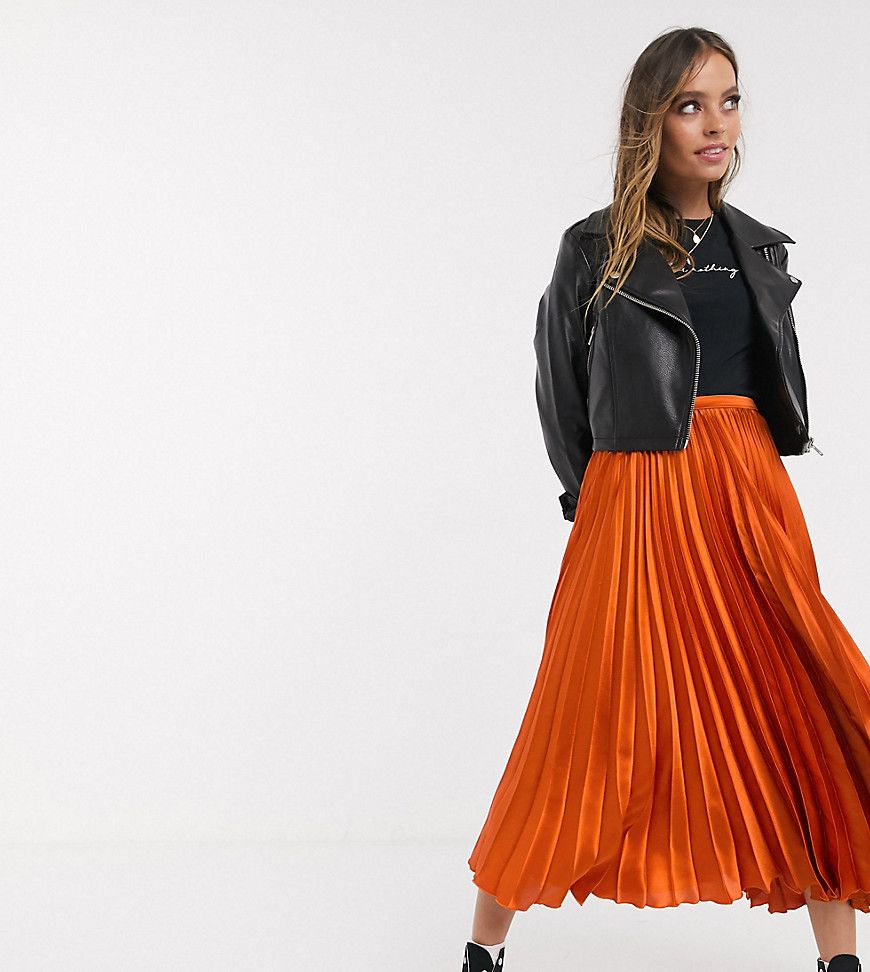 ASOS DESIGN Petite satin pleated midi skirt in bronze-Brown | ASOS (Global)