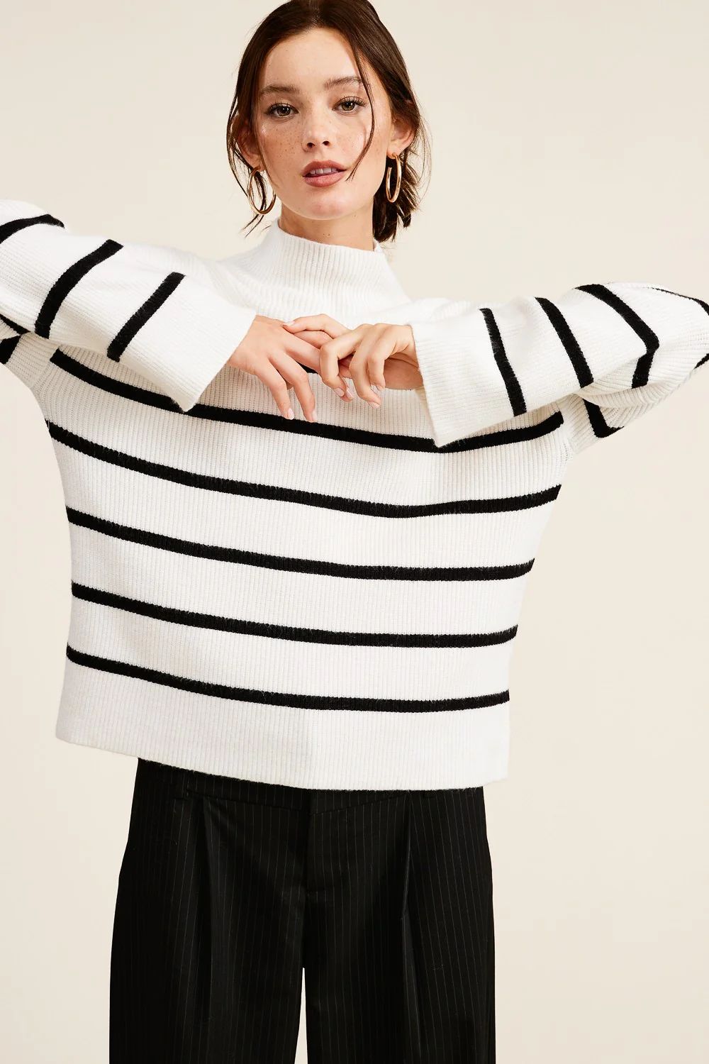 Ivory Striped Mock Neck Sweater | PinkBlush Maternity