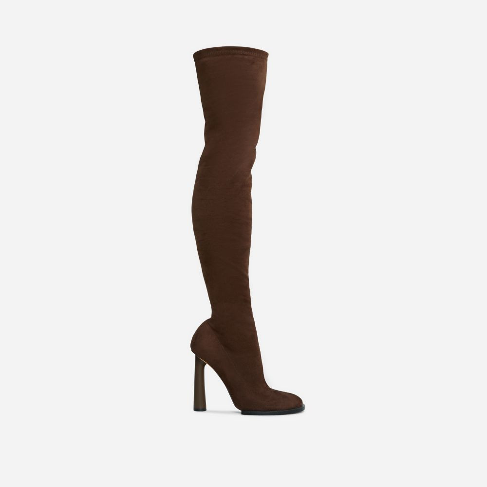 Mamba Round Block Heel Over The Knee Thigh High Long Boot In Brown Faux Suede | EGO Shoes (US & Canada)
