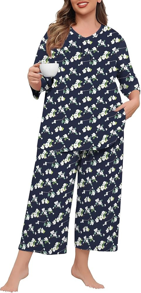 Lastshe Women's Plus Size Pajama Set 2 Piece V Neck Capri Pants Loungewear with Pockets Knit Soft... | Amazon (US)