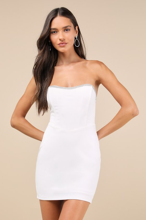 Sparkly Finesse White Rhinestone Strapless Bustier Mini Dress | Lulus