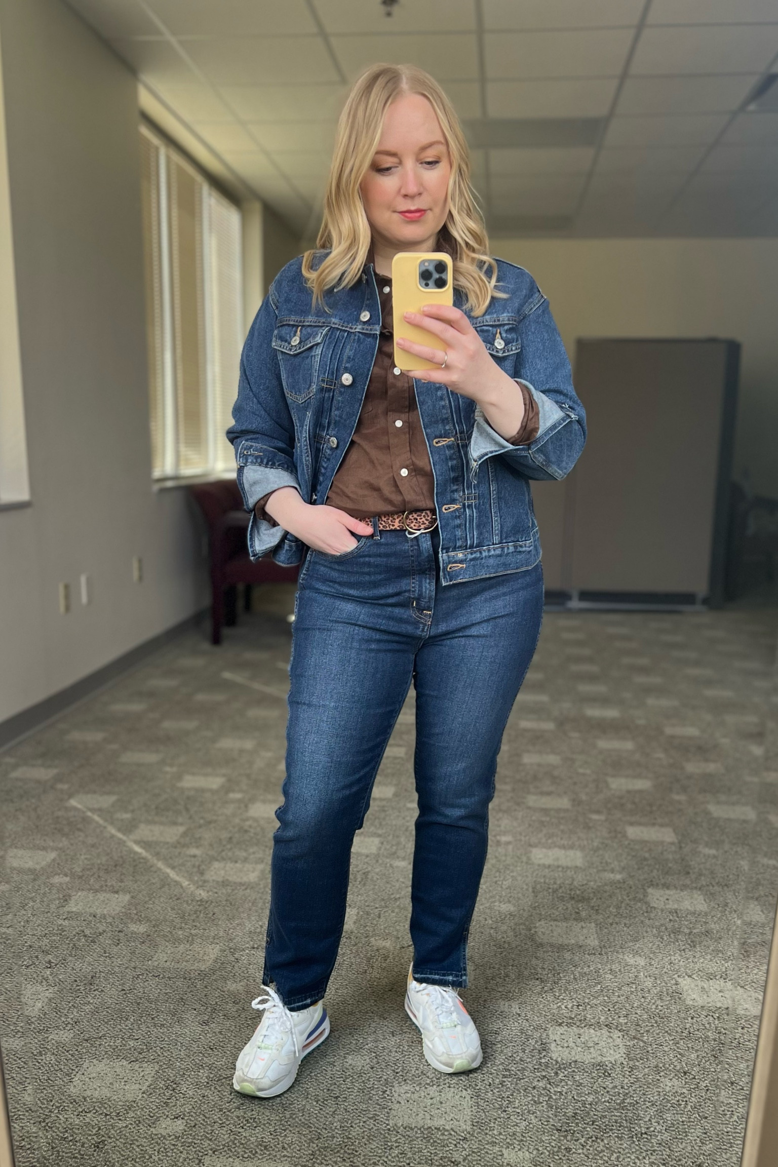 Working on my Canadian tuxedo. These jeans are regular length and have a side slit. Medium in the jacket and medium petite in the linen top  