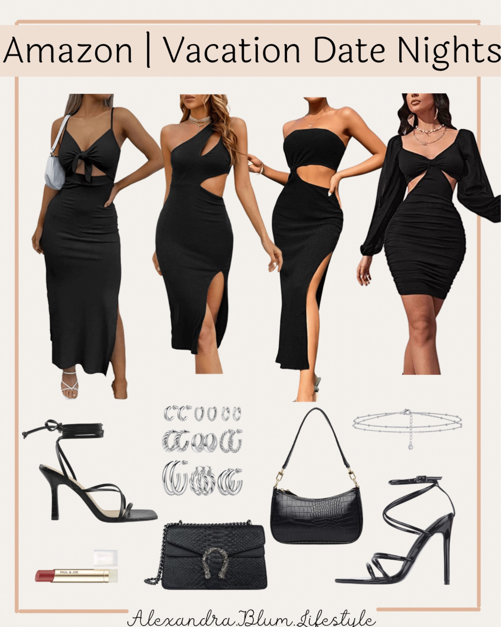 Amazon vacation date night outfits!  Black cut out dresses!! Black strap heels, black handbags, silver jewelry! Resort wear

#LTKtravel #LTKshoecrush #LTKFind