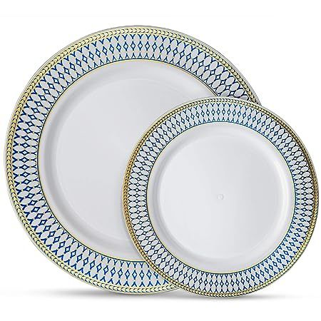 Laura Stein Designer Dinnerware Set of 64 Premium Plasic Wedding/Party Plates: White, Blue Rim, G... | Amazon (US)