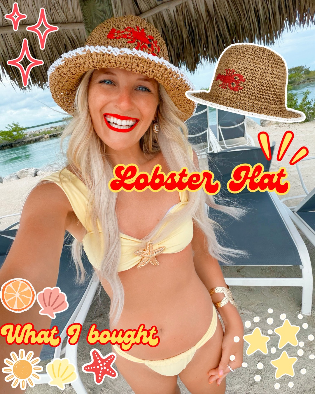 Amazon butter yellow bikini paired with this adorable Walmart boat hat! 🦞💛