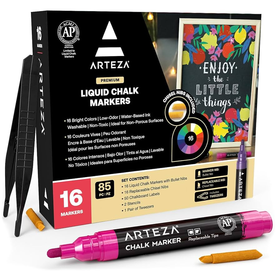 ARTEZA Liquid Chalk Markers, Set of 16 Bright Colors, Chalkboard Pens for Blackboard, Whiteboard,... | Amazon (US)