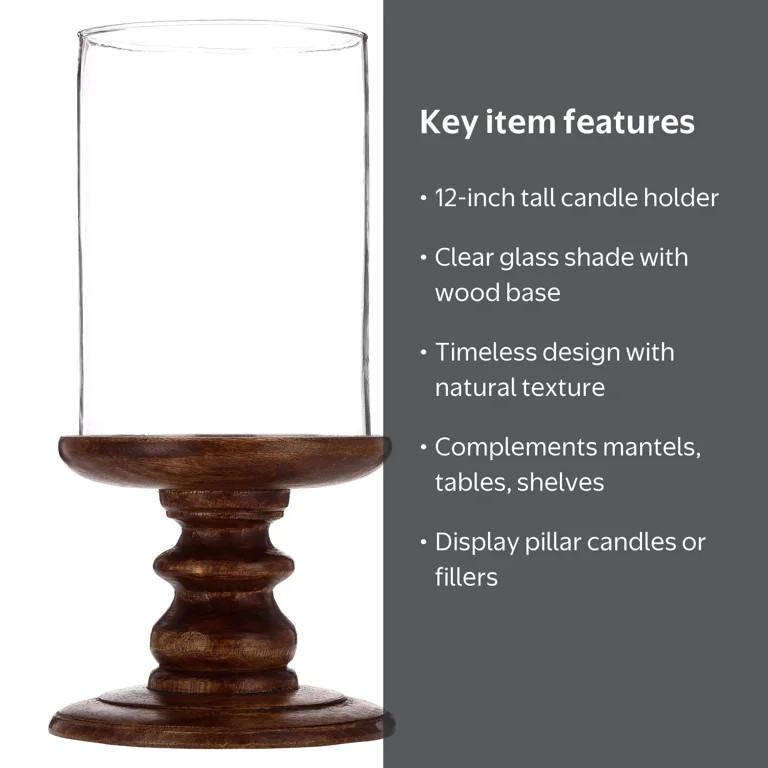 My Texas House Fall Large Wood and Glass Hurricane Candle Holder, Brown, 12" | Walmart (US)
