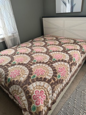 *Moroccan Scallops* VTG Coco Colored Chenille Bedspread w/Pink Flowers~90x100 | eBay US