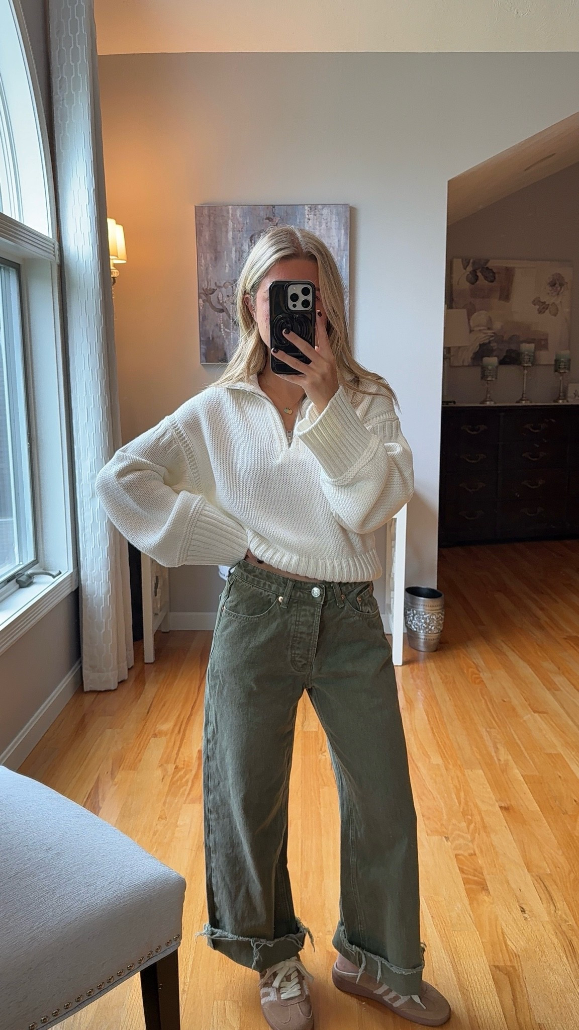 wearing small in sweater and 23 in jeans ( this green is from last fall, it’s a little darker than what they are selling now)

#LTKootd #LTKU #LTKSeasonal
