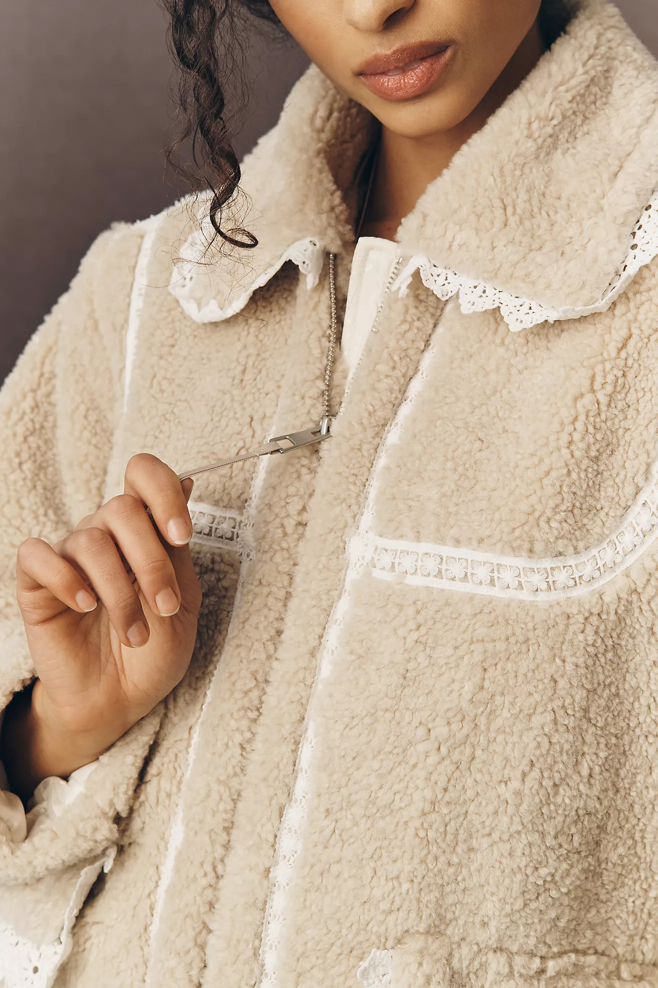 By Anthropologie Sherpa Fleece Lace-Trim Crop Jacket | Anthropologie (US)