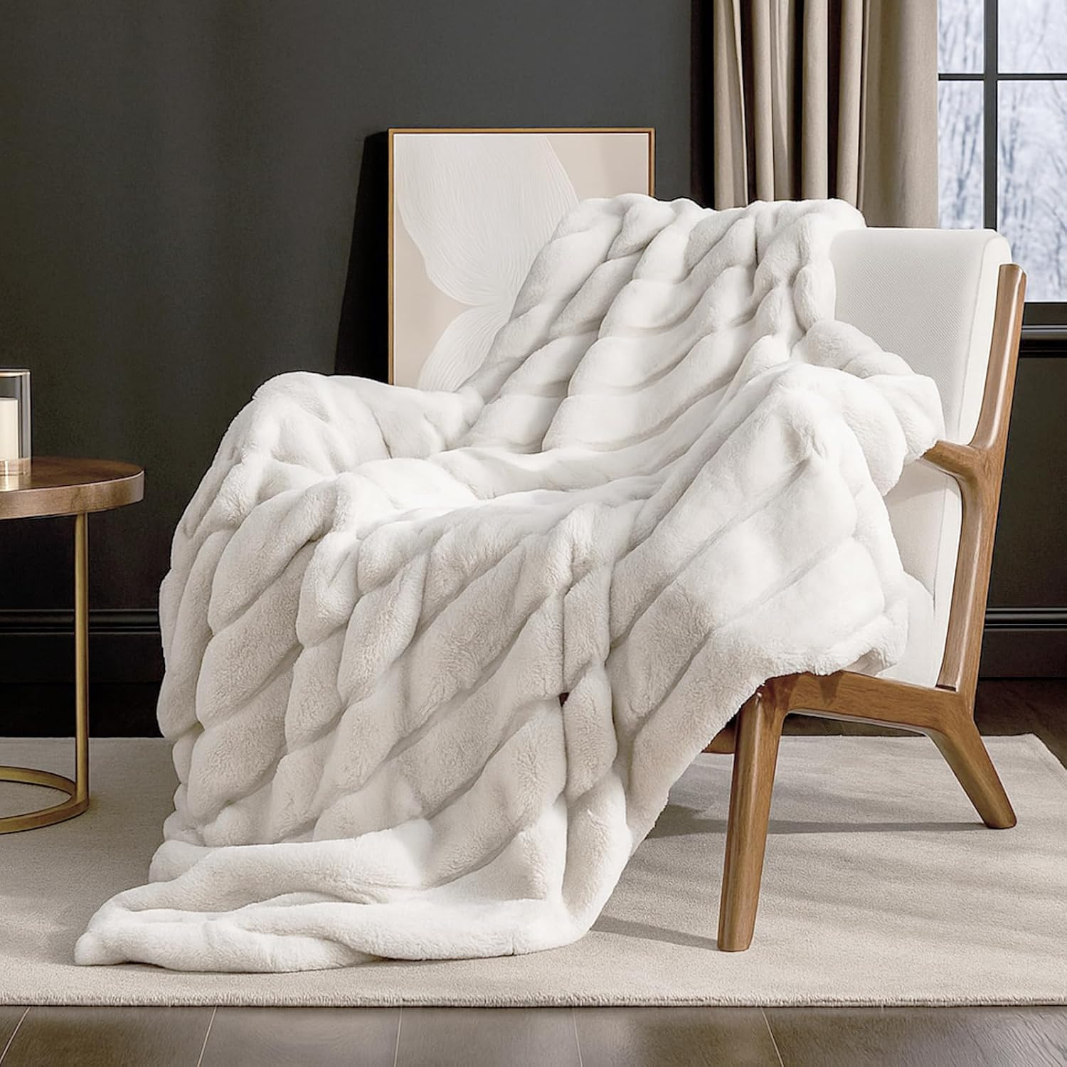 Cozy Bliss Deluxe Sheared Rabbit Faux Fur Throw Blanket, Soft Fuzzy High-Low Sculpted Plush Blanket for Couch, Cozy Home Accent, All Season Use, Beige 50"x60" | Amazon (US)