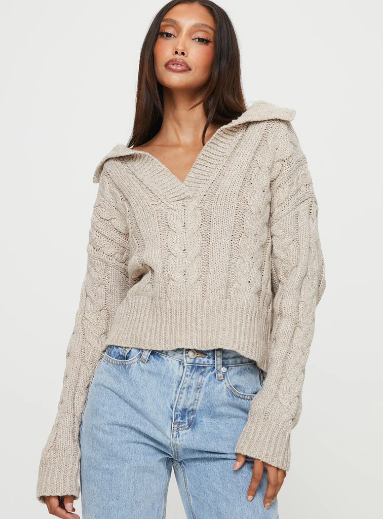 Libertee Collared Cable Sweater Beige | Princess Polly US