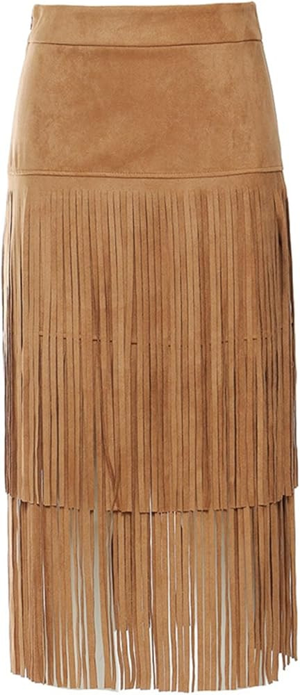 Women's Faux Suede Fringe Skirt High Waisted Casual A-Line Layered Tassel Skirt for Fall Winter Y... | Amazon (US)