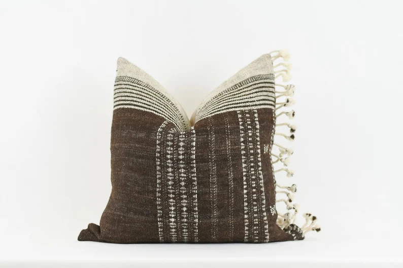 Brown Pom Pom Wool Pillow | Etsy (US)