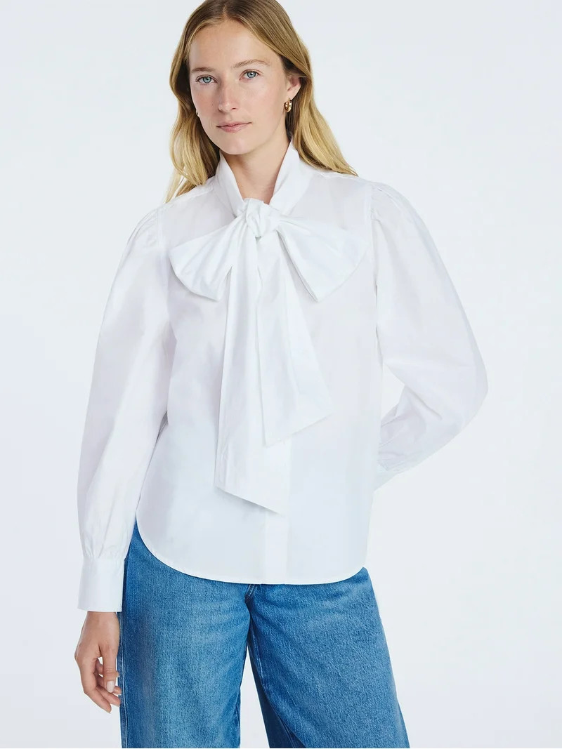 Free Assembly Women's Cotton Tie Neck Blouse with Long Puff Sleeves, Sizes XS-XXL | Walmart (US)