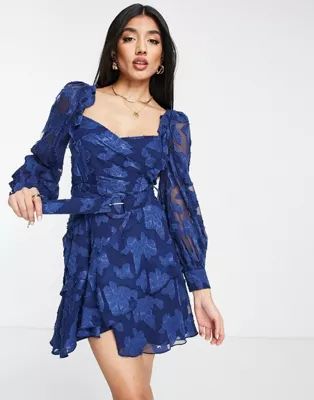 ASOS DESIGN floral jacquard mini dress with ruffle detail and belt in blue | ASOS | ASOS (Global)