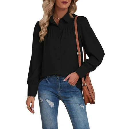Women Long Sleeves Shirt Turn Down Collar Button Closure Pure Color Loose Type Casual Top Black M | Walmart (US)