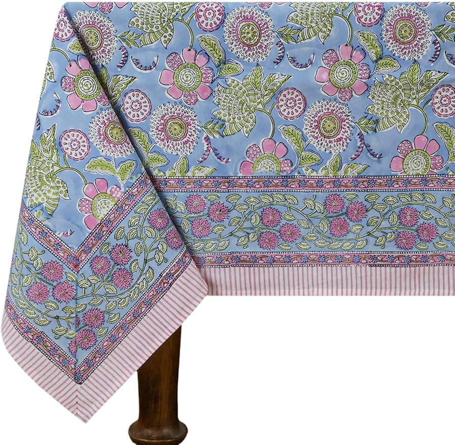 72x72 Inches Square Hand Block Printed Cotton Tablecloth, Pink Blue Floral Table Cloths Washable,... | Amazon (US)