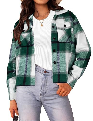 HOTOUCH 2024 Cropped Flannel Jacket Women Green Plaid Shirt Shacket Winter Holiday Outfits 2024 | Amazon (US)