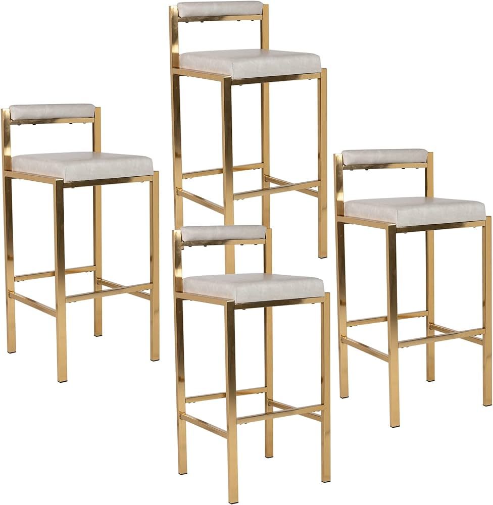 ZSARTS Cream Leather Bar Stools Set of 4, 30 Inch High Bar Chairs Modern Gold Barstools with Iron... | Amazon (US)