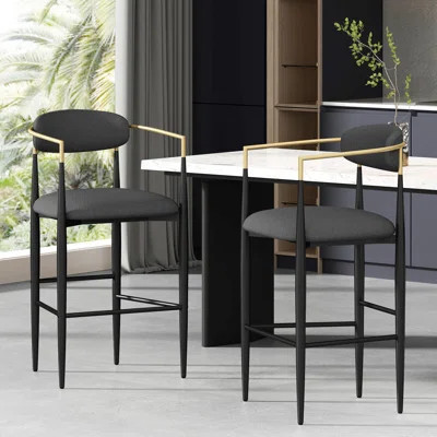 Barstools Set Of 2, Upholstered Bar Stools With Backs And Iron Legs For Kitchen Island, Beige Fabric Seating | Wayfair North America