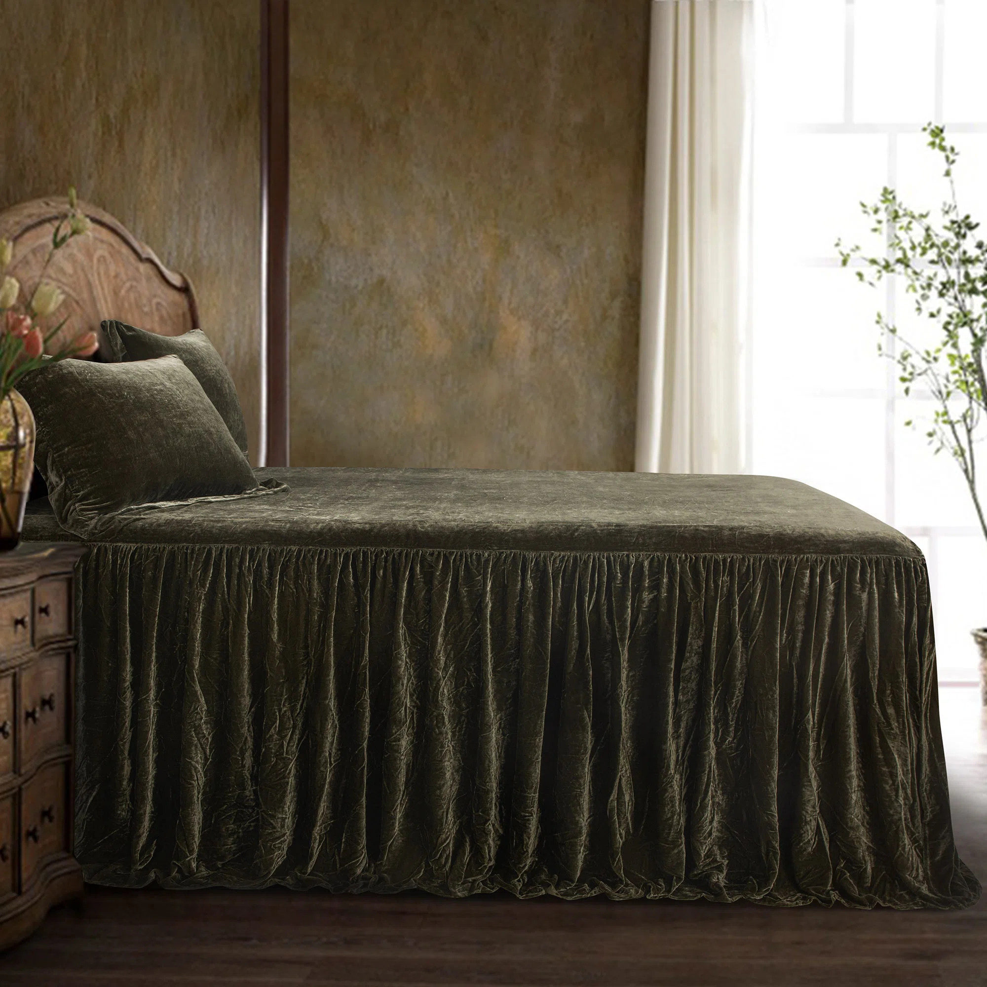 Stella Faux Silk Velvet Romantic Western Ruffle Skirt Bedspread Set | Wayfair North America