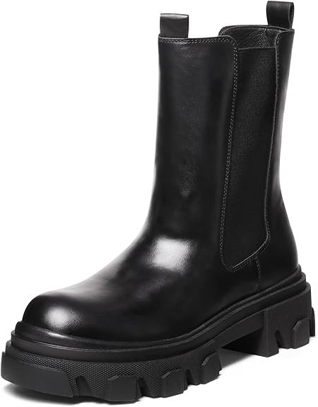 Women's Platform Chelsea Boots Lug Sole Combat Mid Calf Slip On Chunky Ankle Booties | Amazon (US)