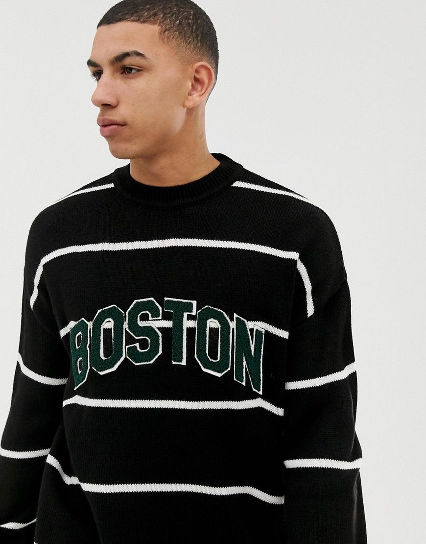 New Look crew neck stripe jumper with Boston lettering-Navy | ASOS (Global)