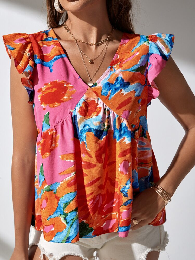 SHEIN Allover Print Ruffle Sleeve Peplum Blouse | SHEIN