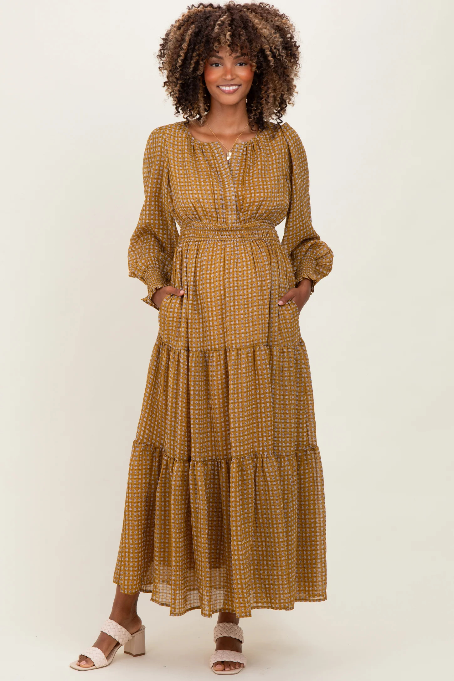 Yellow Printed Smocked Waist Tiered Maternity Maxi Dress | PinkBlush Maternity