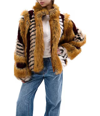 Inez Faux Fur Animal Stripe Stand Collar Zip Front Jacket | Dillard's