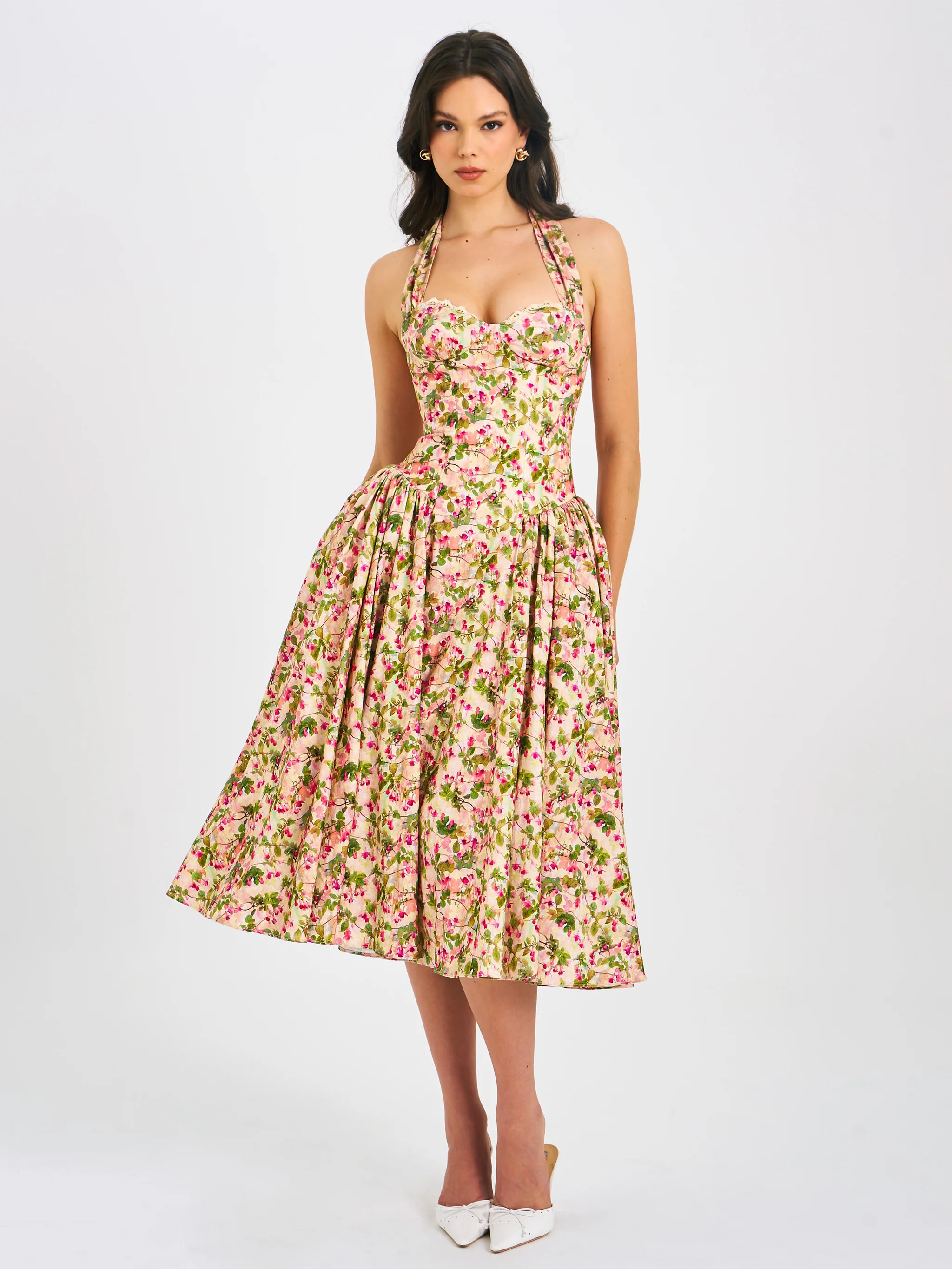 Niya Floral Print Linen Halter Corset Maxi Dress | Miss Circle