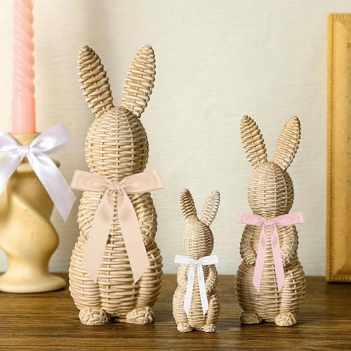 Cinnvoice 3 Pcs Rattan Effect Resin Easter Bunny Figurines Decor Wicker Easter Bunny Garden Statue with Bow for Spring Table Centerpieces Indoor Outdoor Patio Yard Farmhouse Decorations Home Decor | Amazon (US)