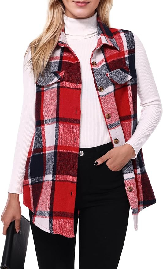Women's Plaid Flannel Sleeveless Shacket Button Down Vest Shirt Jacket With Pockets | Amazon (US)