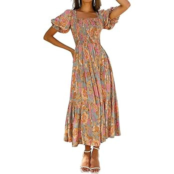 ZESICA Women's 2026 Summer Boho Floral Print Square Neck Ruffle Swing Beach Long Maxi Dress | Amazon (US)