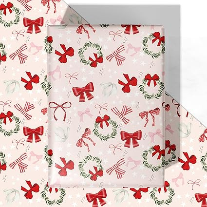 WRAPLULU Pink Christmas Bow Wrapping Paper - 4 Jumbo Sheets, 28 * 40 Inches - Red Bow Wreath Xmas... | Amazon (US)