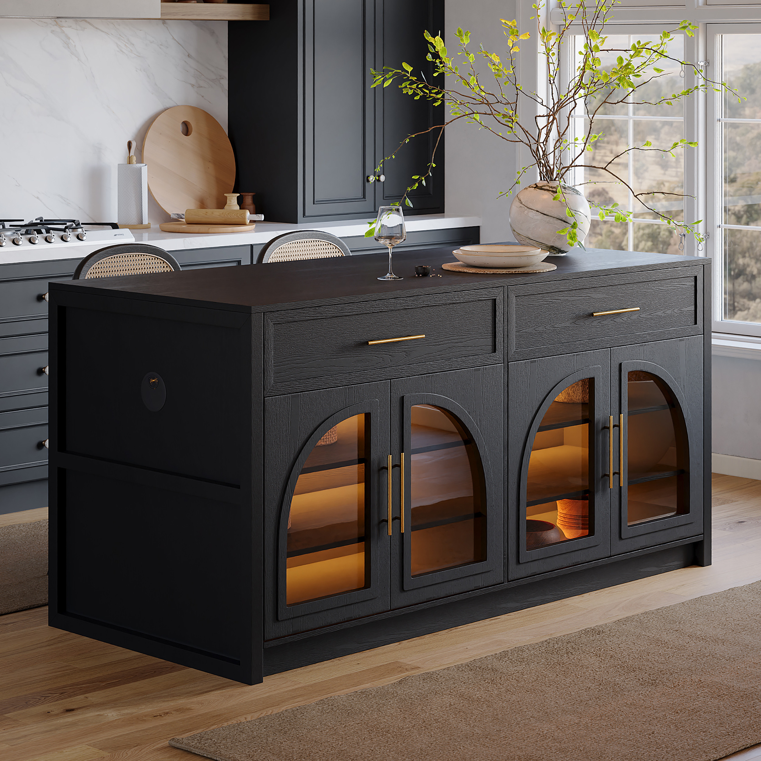 71"" Modern Style Black Kitchen Islands with Glass Doors & Drawers | Homary