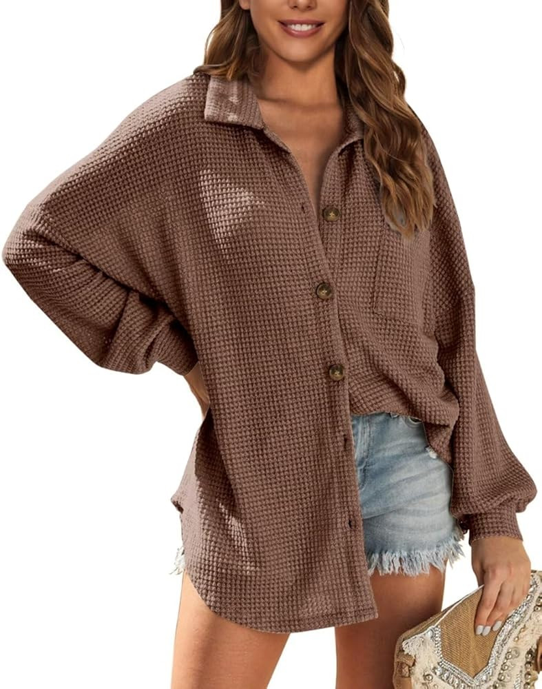 DARKRANI Womens Waffle Knit Shacket Jacket Long Sleeve Casual Button Down Shirts Dressy Blouses T... | Amazon (US)