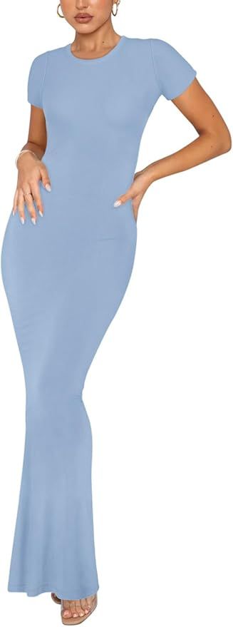 REORIA Women's Summer Casual Lounge Long Dress Elegant Short Sleeve Crew Neck Bodycon Maxi Dresse... | Amazon (US)