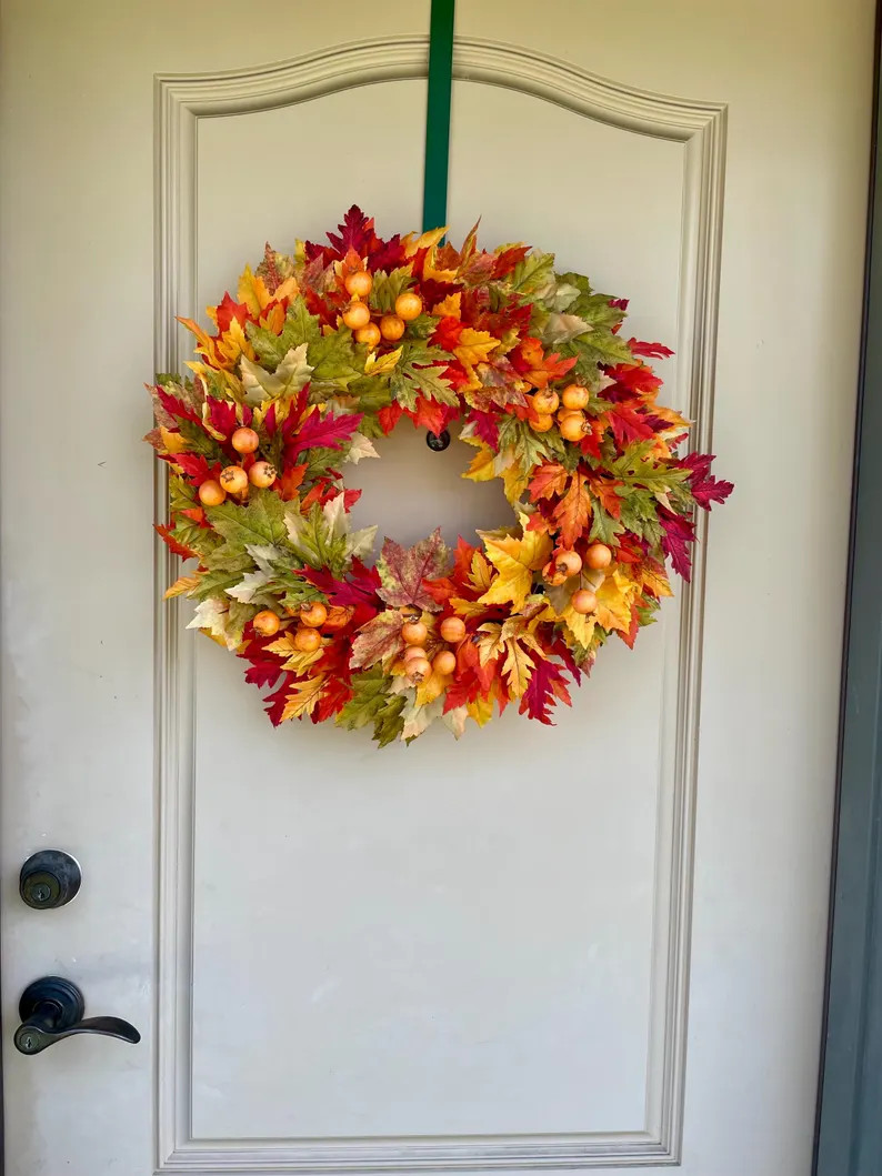 Fall Maple Leaf Wreath for Front Door, Vibrant Maple Fall Foliage Thanksgiving Decoration, Orange... | Etsy (Global)
