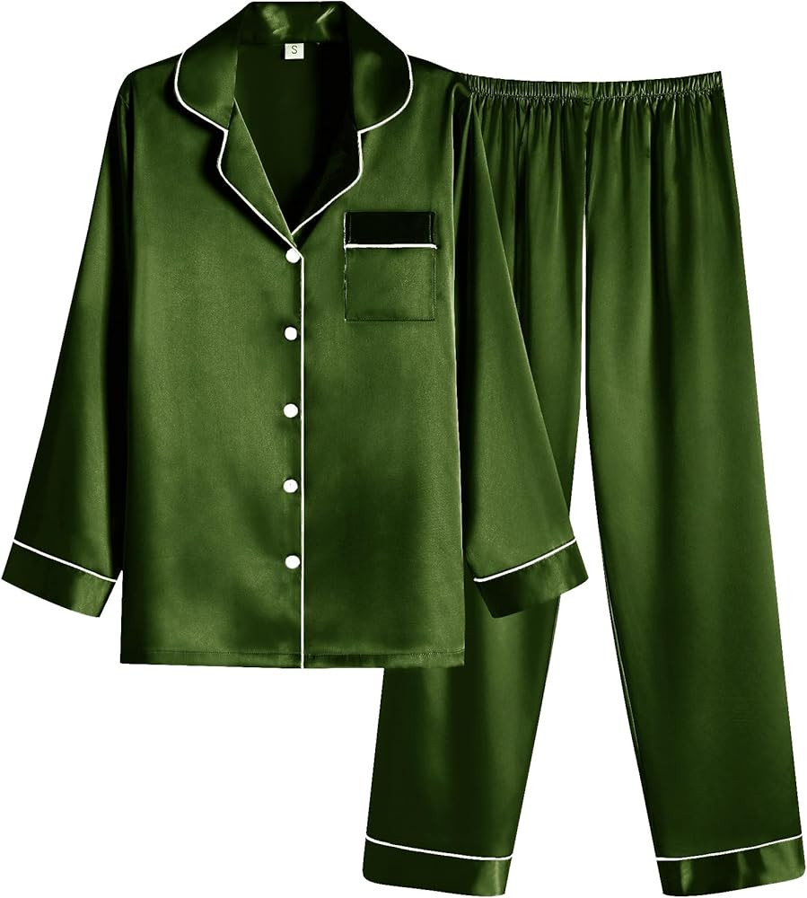 Ekouaer Women Satin Pajamas Set Classic Button Down Long Pjs Set | Amazon (US)