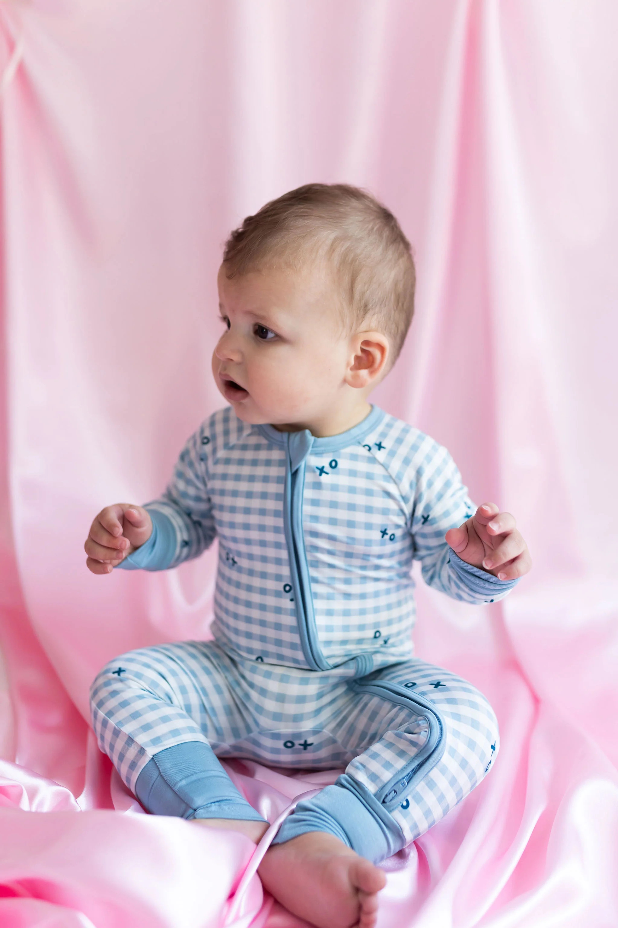 Blue XO Gingham Zipper Romper | In My Jammers