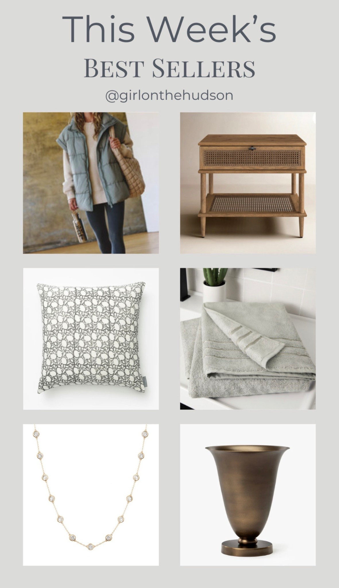 This week's best-sellers! 

The Dorsey necklace that I never take off, the prettiest brass vase that you will use all year long, our favorite bath towels, the prettiest bock print pillow (on clearance!), our guest bedroom bedside tables and my cozy Free People puffer vest (also on sale!!) 

#LTKootd #LTKSaleAlert #LTKHome