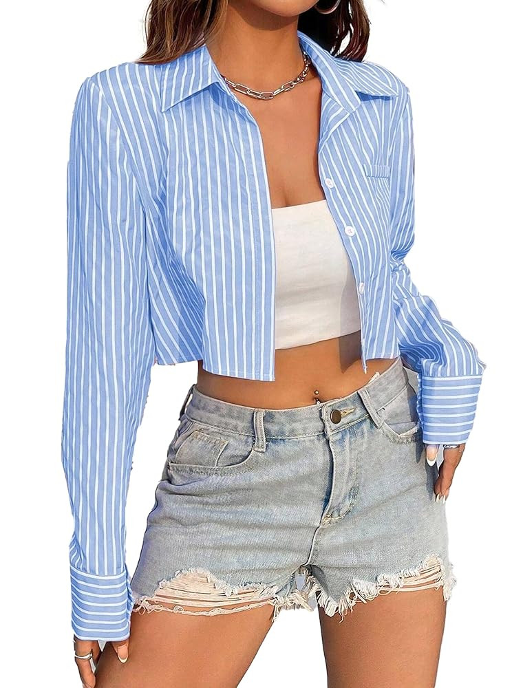 Avanova Women Striped Button Down Crop Top Collared Neck Long Sleeve Blouses Shirt | Amazon (US)