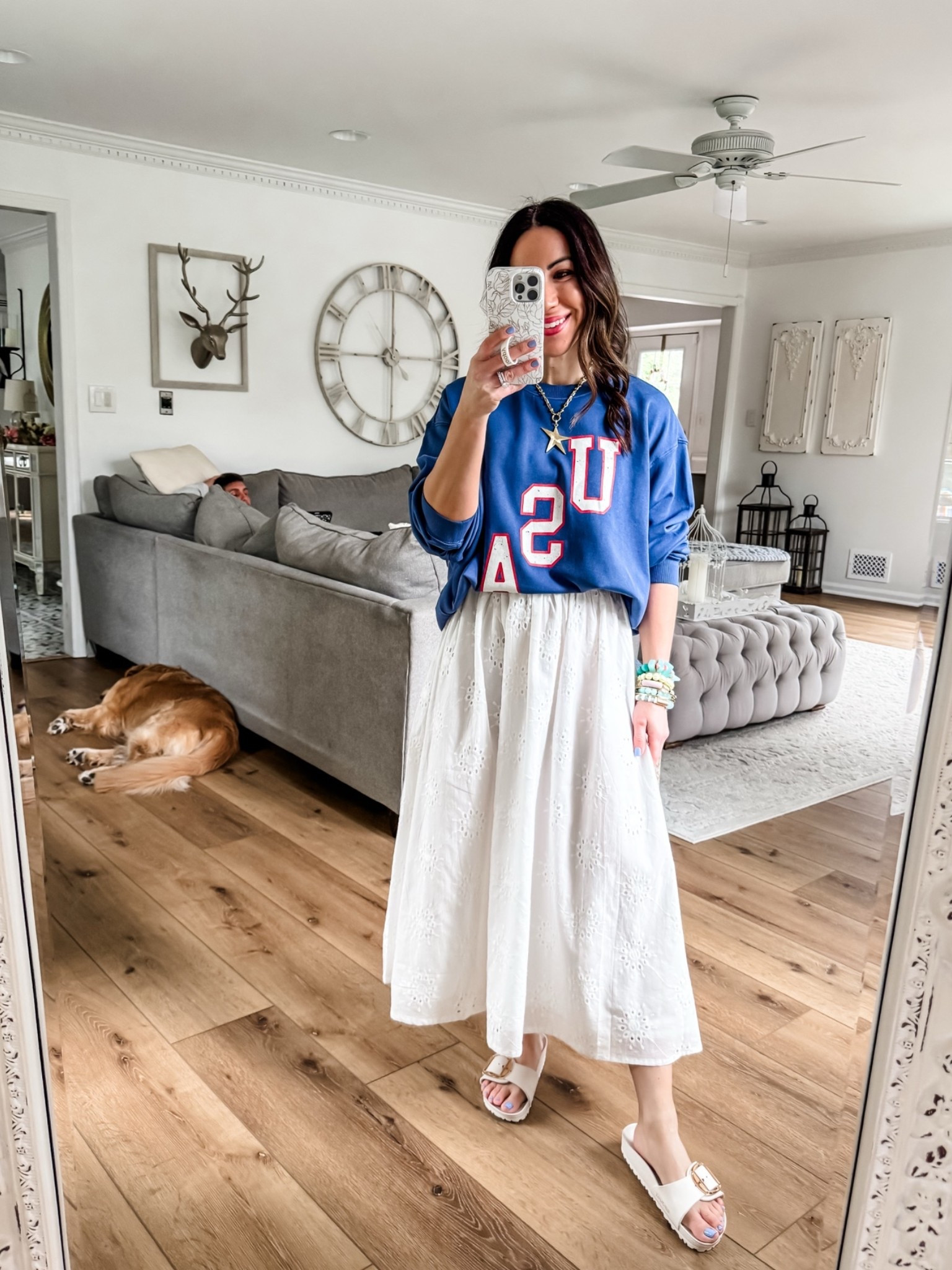 Small USA sweatshirt. Small white skirt. MDW. 4th of July outfit

#LTKOver40